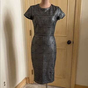 CATHERINE DEANE Modern Leather & Silk Eyelet/Cut Out Gunmetal Party Dress SZ 6